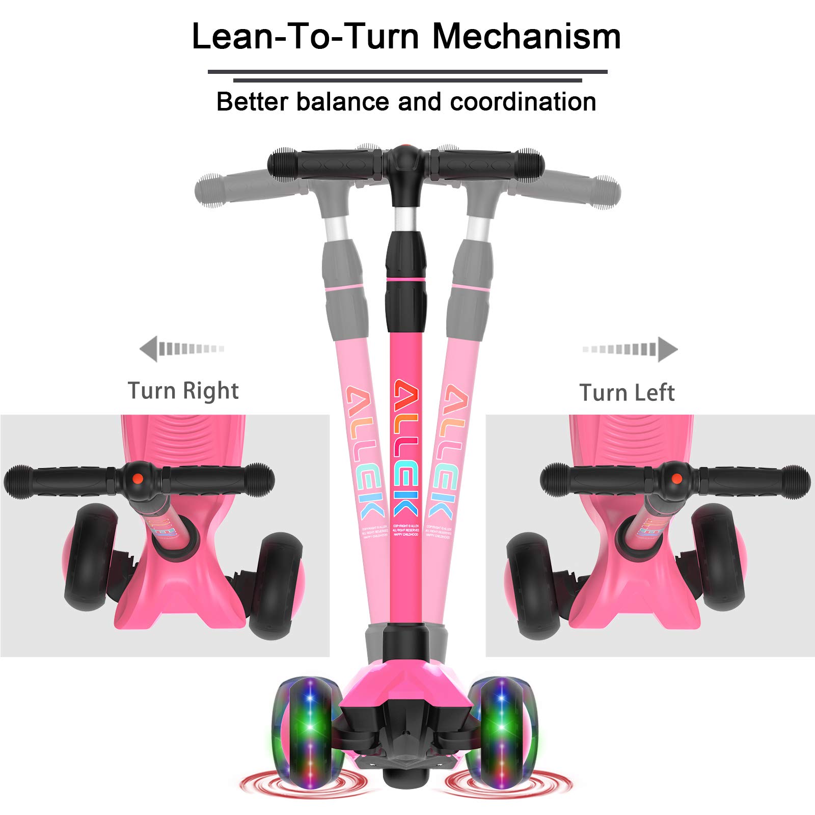 Allek Kick Scooter B03, Lean 'N Glide 3-Wheeled Push Scooter with Extra Wide PU Light-Up Wheels, Any Height Adjustable Handlebar and Strong Thick Deck for Children from 3-12yrs (Rose Pink)