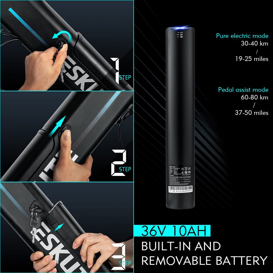 ESKUTE Electric City Bike 28”Electric Bicycle 250W with Removable Li-Ion Battery 36V 10A for Adults, Shimano 7 Speed Transmission Gears Double Disc Brake