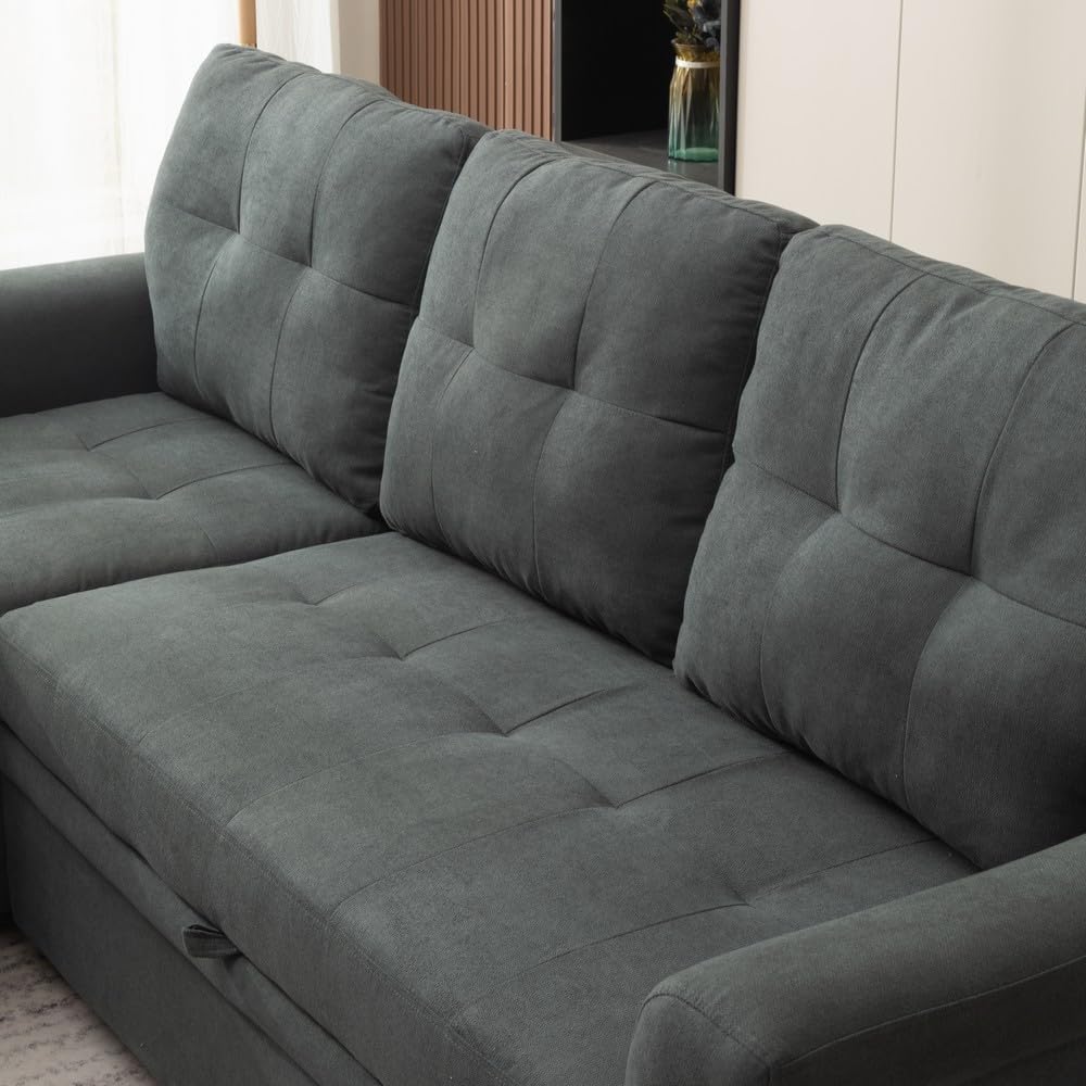 Panana 3 Seater Universal Sofa Bed Corner - Linen or Black Leather-Like Fabric Sofa Bed with Storage & Reversible Chaise (Grey Linen Fabric)