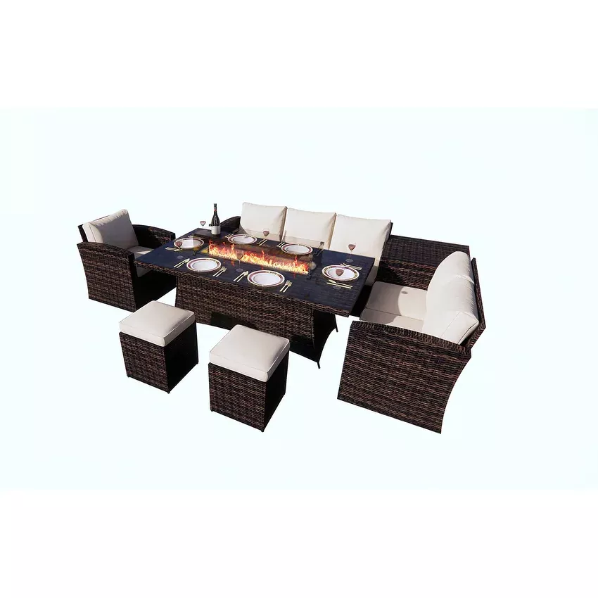 Morden 7-piece Outdoor Wicker Sofa with Fire Pit Table Patio Conversation sofa Set Dining Set
