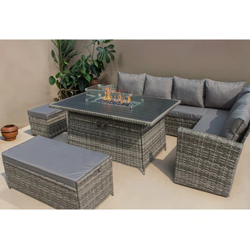 ROSEN 9 SEATER FIRE PIT RATTAN GARDEN FURNITURE CORNER DINING SOFA SET IN GREY