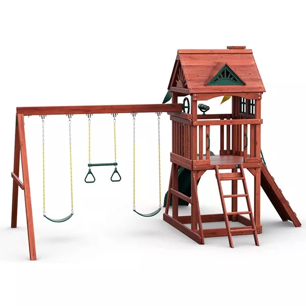WOODEN SWING SET WITH WOODEN ROOF, TWO SWINGS, SLIDING