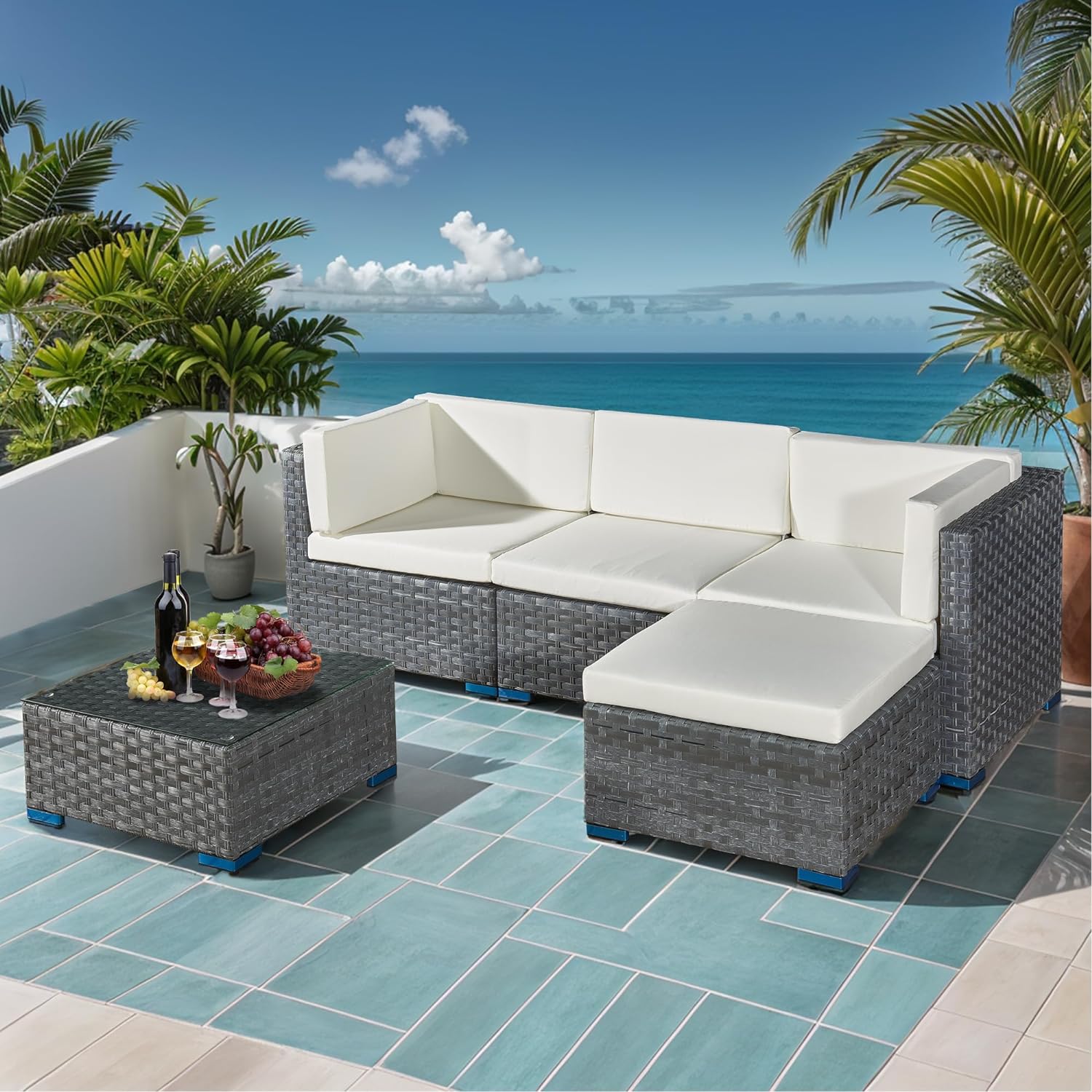Aweather 5 Piece Rattan Garden Furniture Outdoor Rattan Corner Sofa Set, With Glass Coffee Table, for Garden, Poolside, Backyard