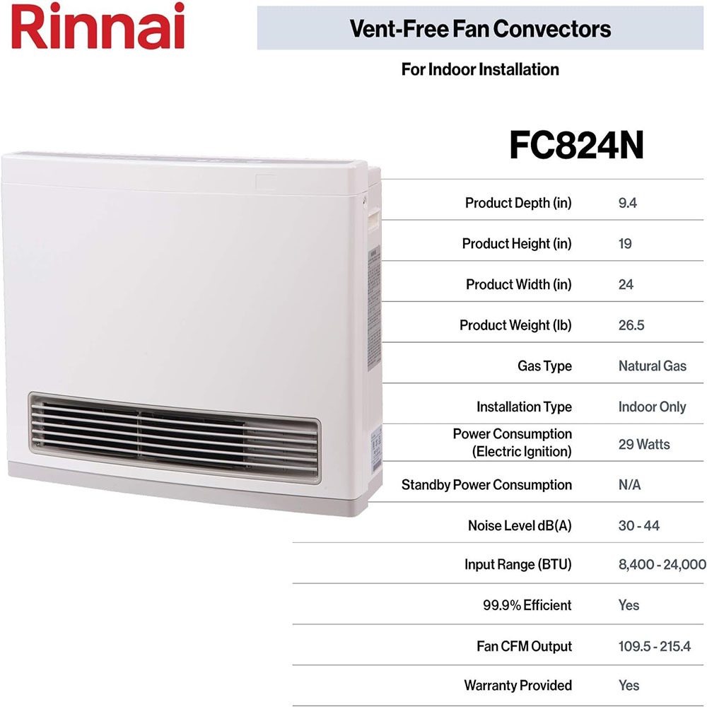 Rinnai FC824N Ventless Natural Gas Heater, Energy-Efficient Space Heater with Programmable Thermostat