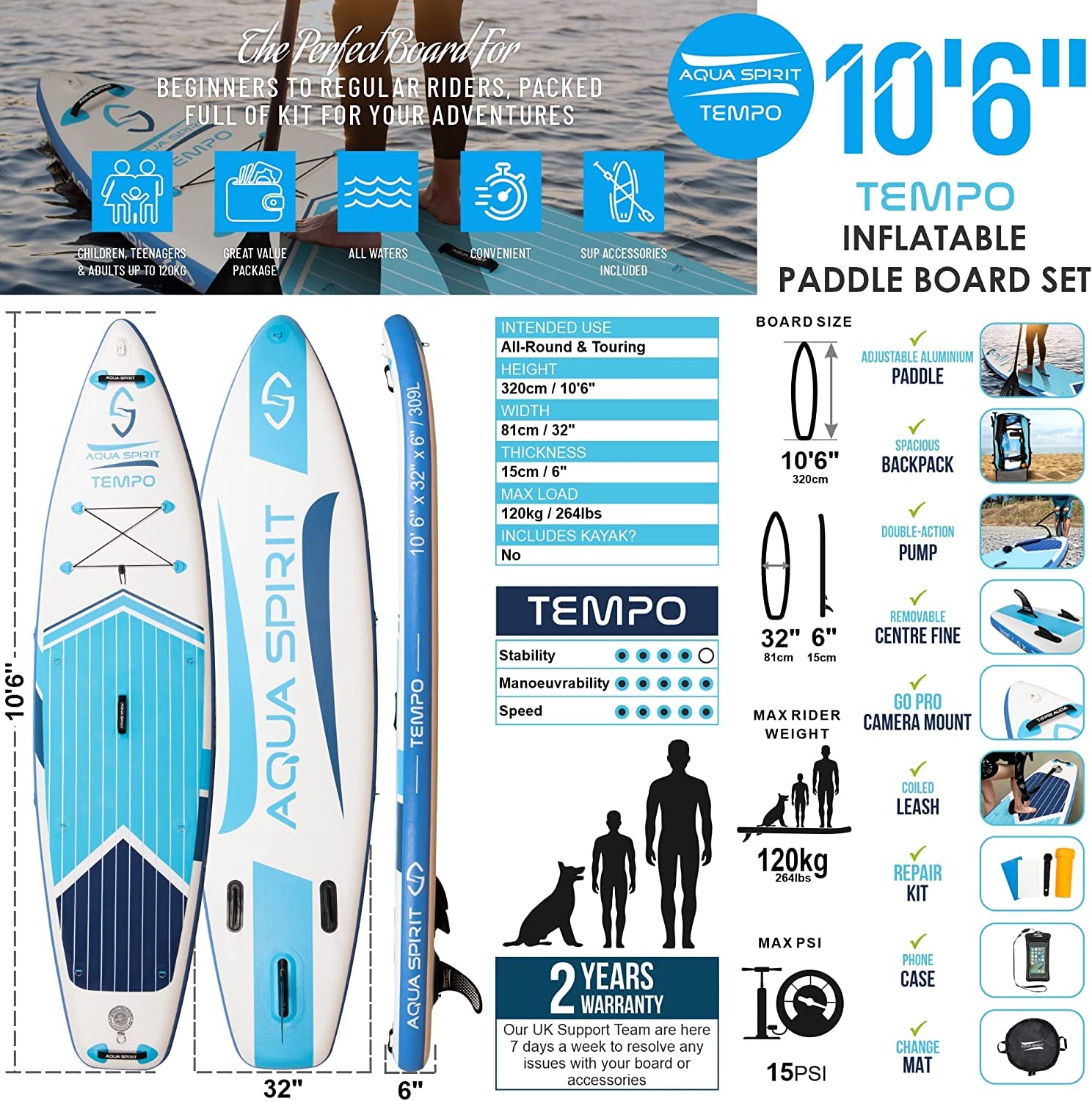 AQUA SPIRIT Inflatable Stand up Paddle Board SUP TEMPO Package | 10’6 x 32” x 6” | Adult Beginners/Experts | 120KG Limit | Paddle, Backpack, Pump, Go Pro Mount, Change Mat, Phone Case