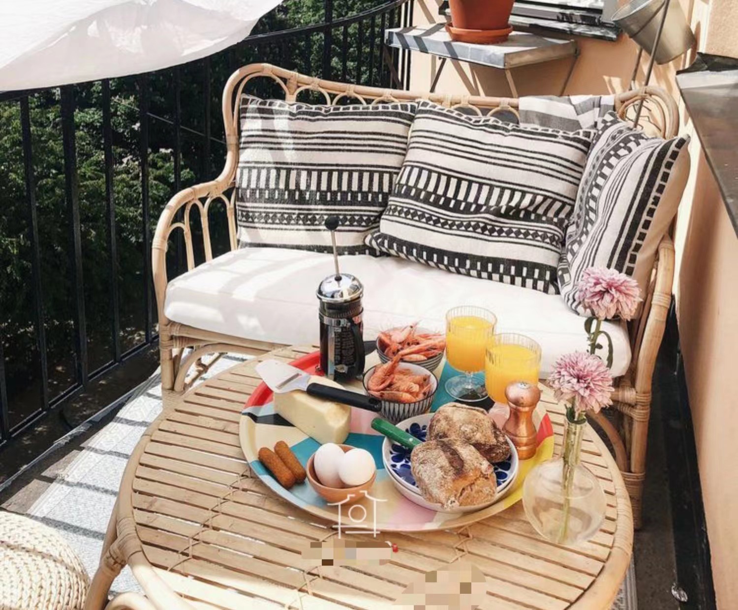 Rattan furniture bamboo sofa chair three-person small apartment outdoor balcony living room combination system IKEA home B&B table and chairs