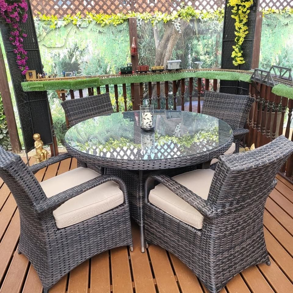4 Seat Round Rattan Dining Table Chair Garden Furniture