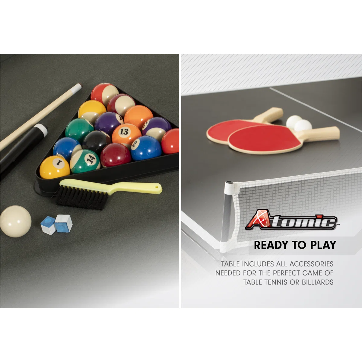 Atomic 7' Hampton 3-in-1 Combination Table Includes Billiards, Table Tennis, and Dining Table with Dual Storage Bench Seating